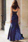 Sparkly Navy Mermaid Spaghetti Straps Corset Long Prom Dress with Slit