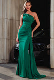 Dark Green One Shoulder Mermaid Long Prom Dress with Side Cape
