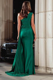 Dark Green One Shoulder Mermaid Long Prom Dress with Side Cape
