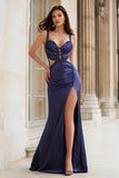 Sparkly Navy Beaded Mermaid Cut Out Long Prom Dress with Slit