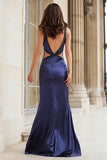 Sparkly Navy Beaded Mermaid Cut Out Long Prom Dress with Slit