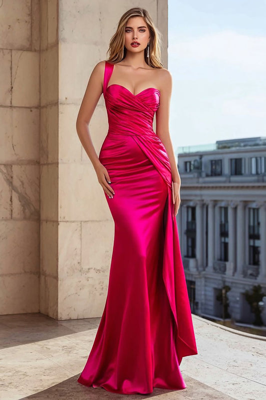 Fuchsia Satin One Shoulder Mermaid Long Prom Dress with Side Cape