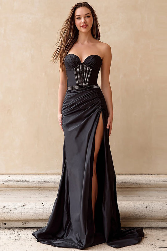 Sparkly Black Strapless Corset Long Prom Dress with Slit