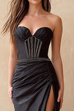 Sparkly Black Strapless Corset Long Prom Dress with Slit
