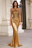 Sparkly Gold Halter Mermaid Long Prom Dress with Sequins