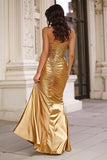 Sparkly Gold Halter Mermaid Long Prom Dress with Sequins