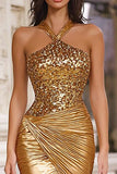 Sparkly Gold Halter Mermaid Long Prom Dress with Sequins