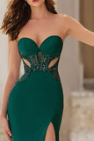 Sparkly Dark Green Strapless Cut Out Mermaid Long Prom Dress with Slit