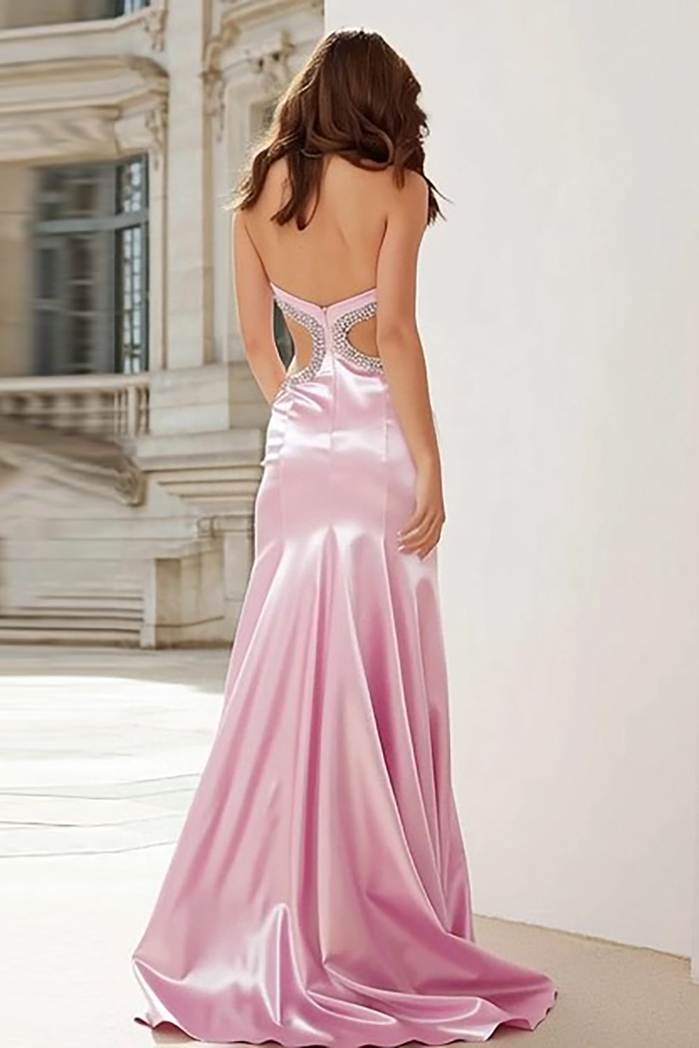 Sparkly Pink Cut Out Strapless Mermaid Long Prom Dress with Slit