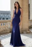 Navy Halter Ruched Mermaid Long Prom Dress