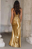 Sparkly Gold Strapless Mermaid Long Prom Dress with Sequins