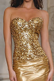 Sparkly Gold Strapless Mermaid Long Prom Dress with Sequins