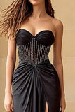 Sparkly Black Strapless Long Corset Prom Dress with Slit