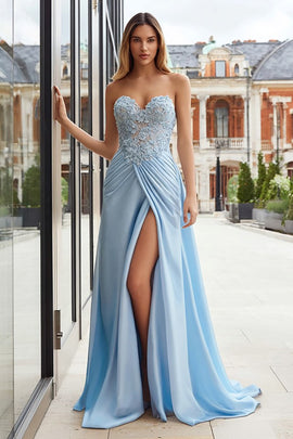 Sky Blue Sweetheart Appliqued Long Prom Dress with Slit
