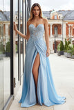 Sky Blue Sweetheart Appliqued Long Prom Dress with Slit