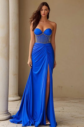 Sparkly Royal Blue Sheath Corset Long Prom Dress with Slit