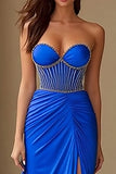 Sparkly Royal Blue Sheath Corset Long Prom Dress with Slit