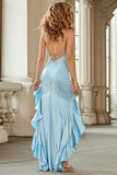Sky Blue Mermaid Halter High Low Prom Dress with Ruffles