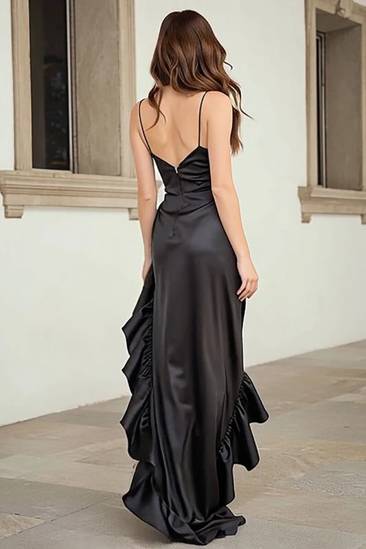 Black Spaghetti Straps Ruffled High Low Prom Dress with Slit