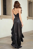Black Spaghetti Straps Ruffled High Low Prom Dress with Slit
