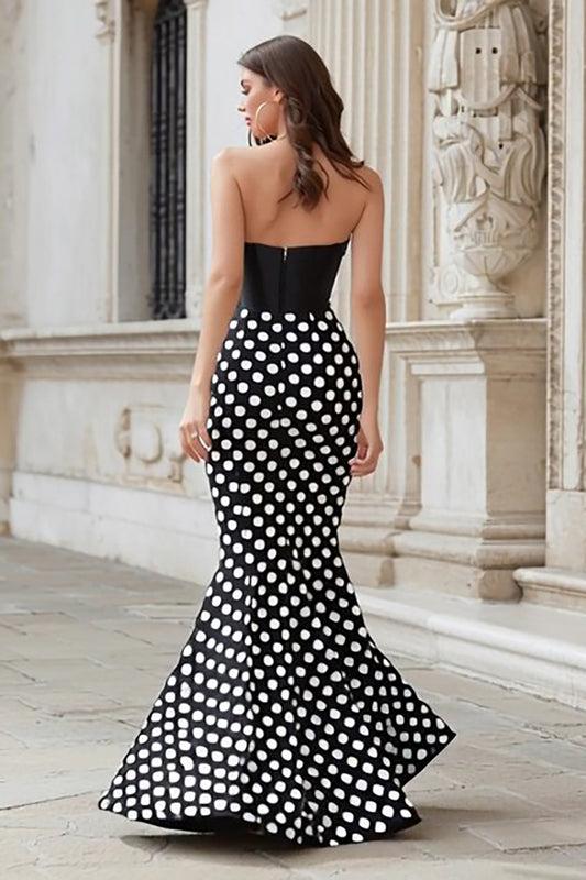 Black and White Polka Dots Mermaid Corset Long Prom Dress