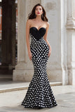 Black and White Mermaid Polka Dots Sweetheart Long Prom Dress
