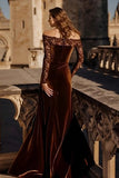 Brown Velvet Mermaid Off the Shoulder Long Holiday Party Dress with Lace