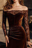 Brown Velvet Mermaid Off the Shoulder Long Holiday Party Dress with Lace