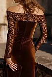 Brown Velvet Mermaid Off the Shoulder Long Holiday Party Dress with Lace