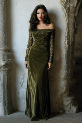 Olive Velvet Off the Shoulder Mermaid Long Holiday Party Dress