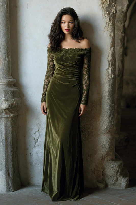 Olive Velvet Off the Shoulder Mermaid Long Holiday Party Dress