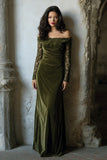 Olive Velvet Off the Shoulder Mermaid Long Holiday Party Dress