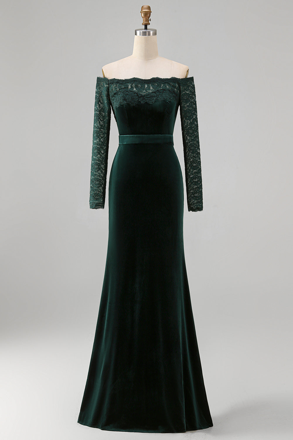 Dark Green Off the Shoulder Mermaid Long Sleeves Formal Dress with Lace