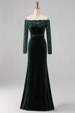 Dark Green Off the Shoulder Mermaid Long Sleeves Formal Dress with Lace