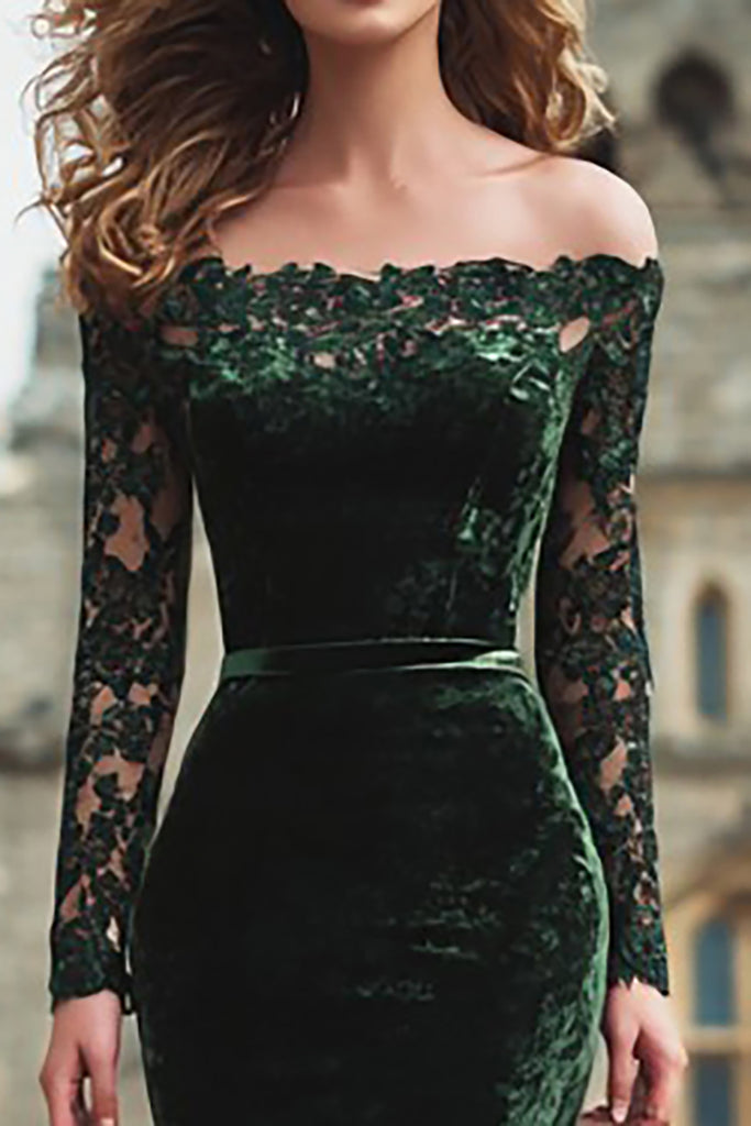 Zapakasa Women Dark Green Velvet Long Sleeves Formal Dress with Lace