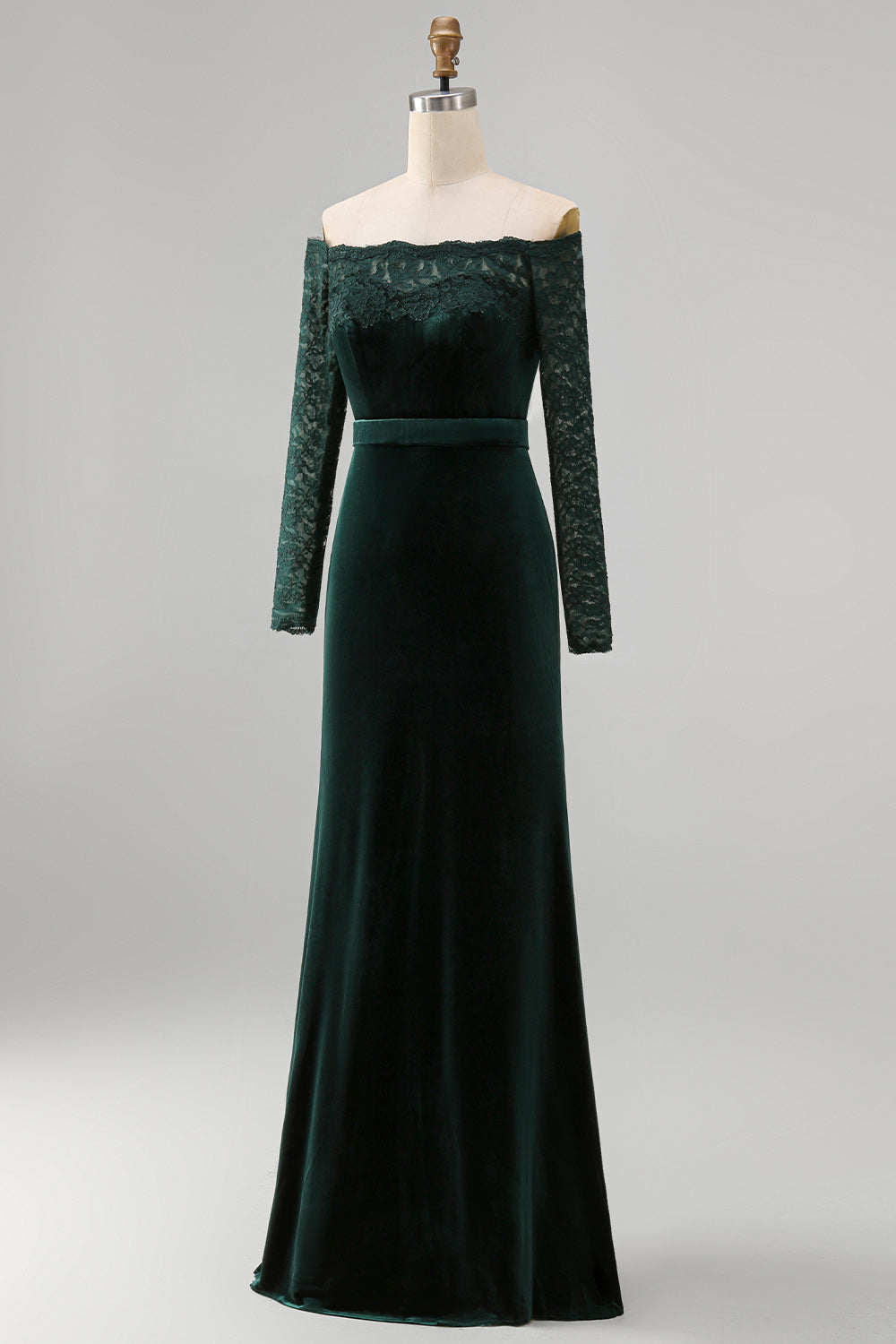 Dark Green Off the Shoulder Mermaid Long Sleeves Formal Dress with Lace