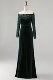 Dark Green Off the Shoulder Mermaid Long Sleeves Formal Dress with Lace