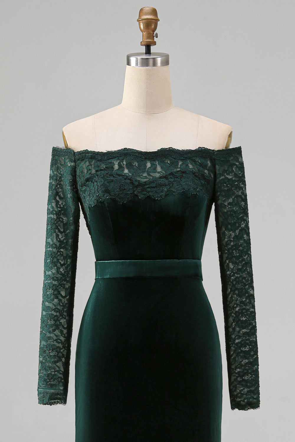 Dark Green Off the Shoulder Mermaid Long Sleeves Formal Dress with Lace
