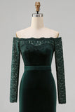 Dark Green Off the Shoulder Mermaid Long Sleeves Formal Dress with Lace