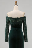Dark Green Off the Shoulder Mermaid Long Sleeves Formal Dress with Lace