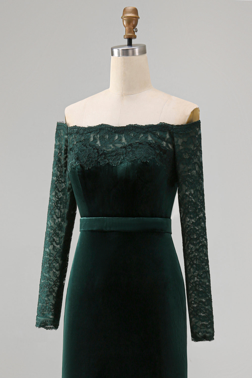 Dark Green Off the Shoulder Mermaid Long Sleeves Formal Dress with Lace