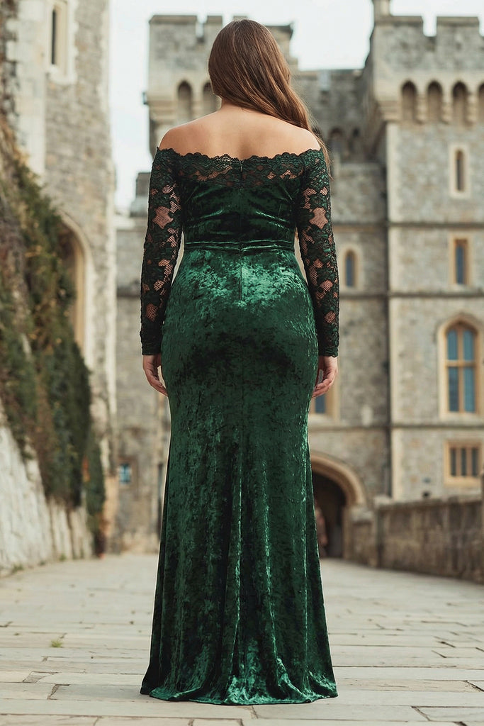 Zapakasa Women Dark Green Velvet Long Sleeves Formal Dress with Lace