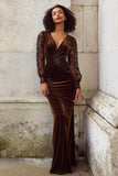 Brown Velvet Mermaid V Neck Long Holiday Party Dress with Lace