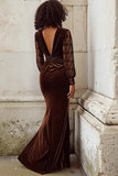 Brown Velvet Mermaid V Neck Long Holiday Party Dress with Lace