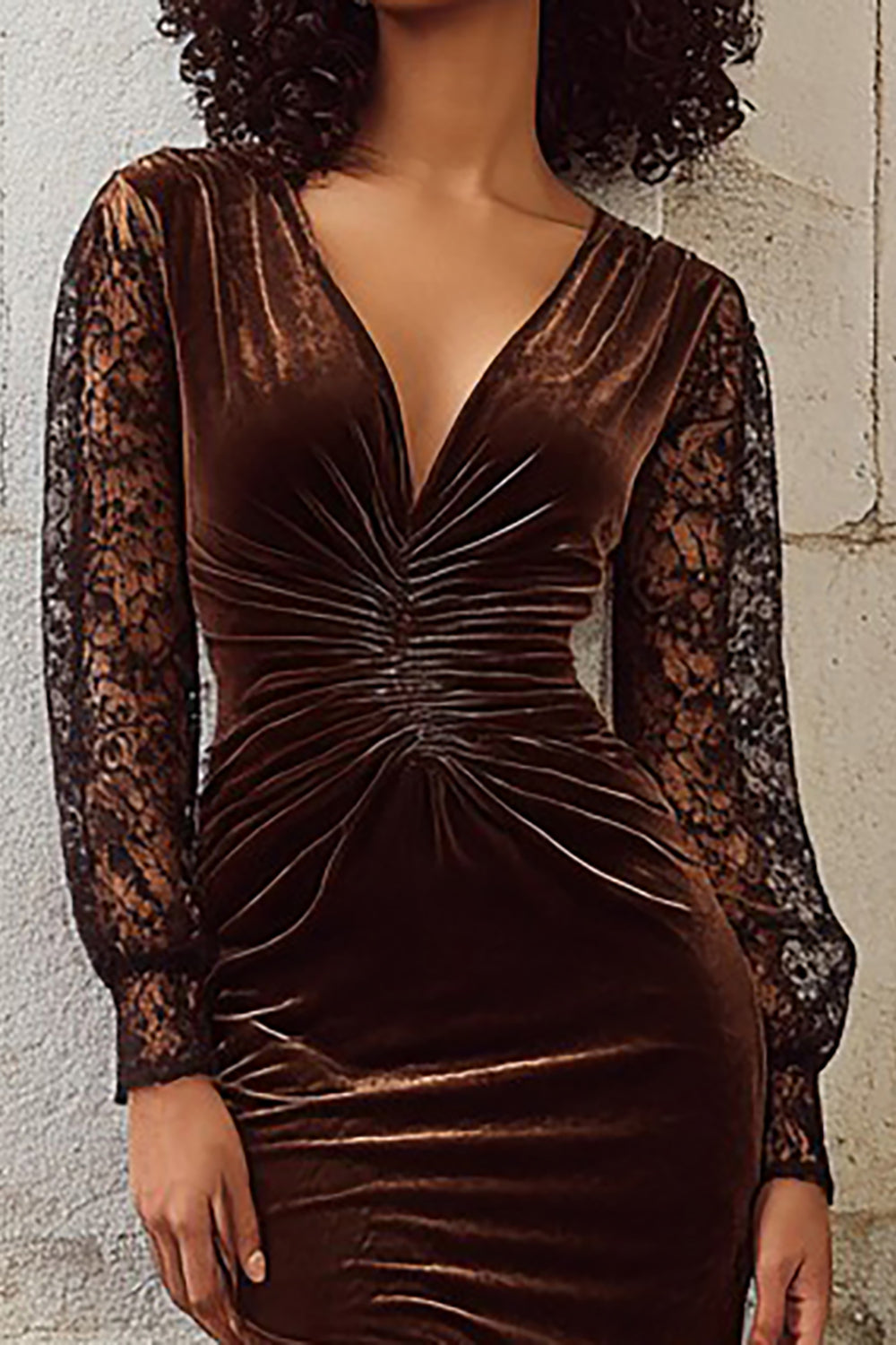 Brown Velvet Mermaid V Neck Long Holiday Party Dress with Lace