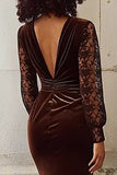 Brown Velvet Mermaid V Neck Long Holiday Party Dress with Lace
