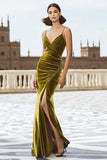 Olive Velvet Mermaid Long Holiday Party Dress with Slit