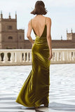Olive Velvet Mermaid Long Holiday Party Dress with Slit