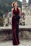 Burgundy Velvet Halter Mermaid Long Holiday Party Dress with Bow