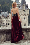 Burgundy Velvet Halter Mermaid Long Holiday Party Dress with Bow